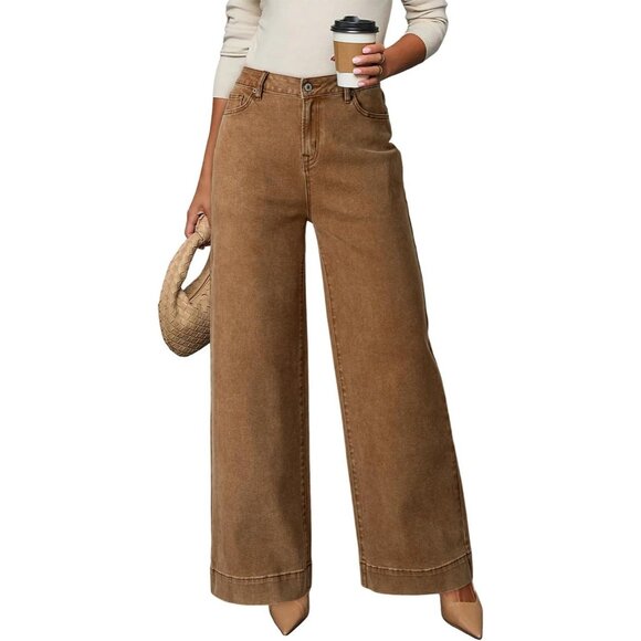Denim - Women Light French Beige Wide Leg Denim Jeans Stretchy Loose Pant with Pockets